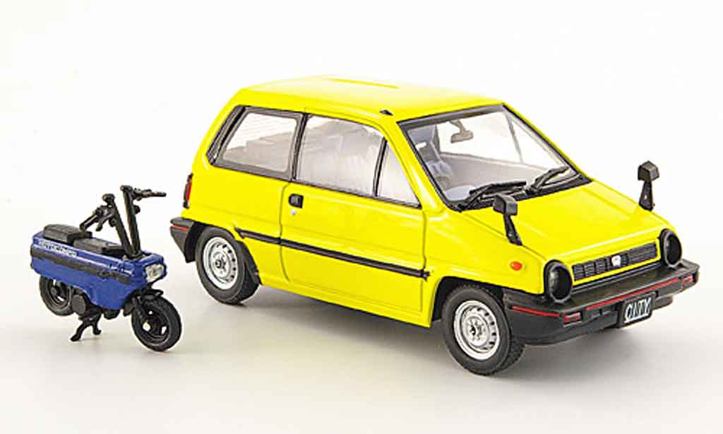 Honda City 1/43 Ebbro jaune avec Motocompo Minimotorrad 1981