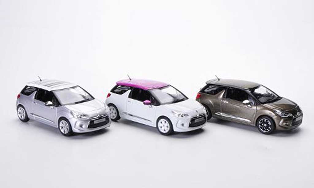 DS Automobiles DS3 1/43 Norev 3er-Set: blanche/Flower - grise/Grafic Art und oliv/Falvio 2012 miniature