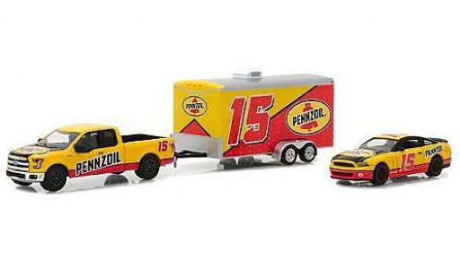 Ford F-1 1/64 Greenlight 50 Pennzoil 2015 with 2012 Shelby GT500 and Enclosed Car Hauler diecast model cars