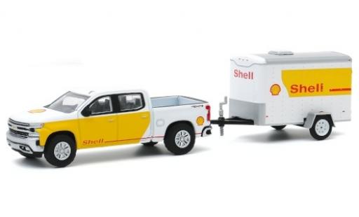 Chevrolet Silverado 1/64 Greenlight blanche/Dekor Shell 2019 avec Einsachs-remorque miniature