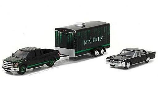 Ford F-1 1/64 Greenlight 50 noire/verte 2015 with 1995 Lincoln Continental and Enclosed Trailer miniature