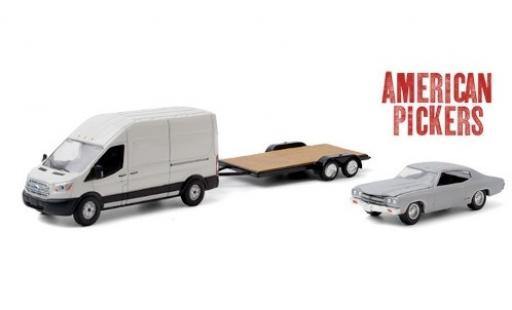 Ford Transit 1/64 Greenlight LWB HD blanche American Pickers 2015 avec Zweiachsanhänger et 1970 Chevrolet Chevelle Malibu miniature