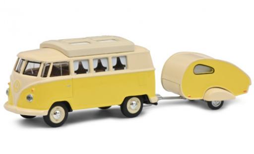 Volkswagen T1 1/64 Schuco Camper jaune/beige avec caravane miniature