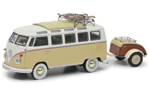 Volkswagen T1 1/43 Schuco Samba beige/weiss Wintersport mit Westfalia Anhänger und Dachgepäckträger modellautos